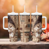 Samoa Siapo Elegant Tumbler With Handle Hibiscus Chocolate Brown Motifs - Polynesian Pride