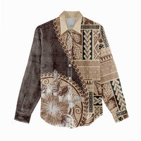Samoa Siapo Elegant Women Casual Shirt Hibiscus Chocolate Brown Motifs - Polynesian Pride