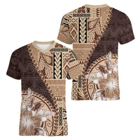 Samoa Siapo Elegant Women V-Neck T-Shirt Hibiscus Chocolate Brown Motifs - Polynesian Pride