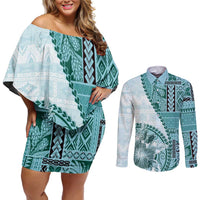 Samoa Siapo Elegant Couples Matching Off Shoulder Short Dress and Long Sleeve Button Shirt Hibiscus Teal Motifs - Polynesian Pride