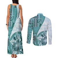 Samoa Siapo Elegant Couples Matching Tank Maxi Dress and Long Sleeve Button Shirt Hibiscus Teal Motifs - Polynesian Pride