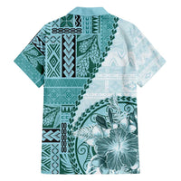 Samoa Siapo Elegant Family Matching Long Sleeve Bodycon Dress and Hawaiian Shirt Hibiscus Teal Motifs - Polynesian Pride