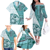 Samoa Siapo Elegant Family Matching Off The Shoulder Long Sleeve Dress and Hawaiian Shirt Hibiscus Teal Motifs - Polynesian Pride