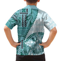 Samoa Siapo Elegant Family Matching Short Sleeve Bodycon Dress and Hawaiian Shirt Hibiscus Teal Motifs - Polynesian Pride