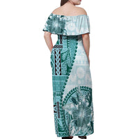 Samoa Siapo Elegant Off Shoulder Maxi Dress Hibiscus Teal Motifs - Polynesian Pride