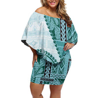 Samoa Siapo Elegant Off Shoulder Short Dress Hibiscus Teal Motifs - Polynesian Pride