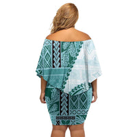 Samoa Siapo Elegant Off Shoulder Short Dress Hibiscus Teal Motifs - Polynesian Pride