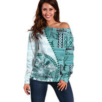 Samoa Siapo Elegant Off Shoulder Sweater Hibiscus Teal Motifs - Polynesian Pride