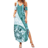Samoa Siapo Elegant Summer Maxi Dress Hibiscus Teal Motifs - Polynesian Pride