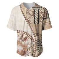 Samoa Siapo Elegant Baseball Jersey Hibiscus Beige Motifs - Polynesian Pride