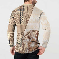 Samoa Siapo Elegant Button Sweatshirt Hibiscus Beige Motifs - Polynesian Pride