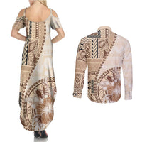 Samoa Siapo Elegant Couples Matching Summer Maxi Dress and Long Sleeve Button Shirt Hibiscus Beige Motifs - Polynesian Pride