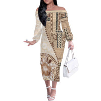 Samoa Siapo Elegant Off The Shoulder Long Sleeve Dress Hibiscus Beige Motifs - Polynesian Pride