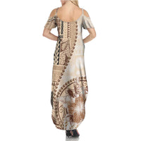 Samoa Siapo Elegant Summer Maxi Dress Hibiscus Beige Motifs - Polynesian Pride