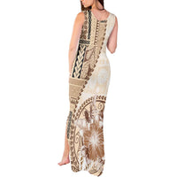 Samoa Siapo Elegant Tank Maxi Dress Hibiscus Beige Motifs - Polynesian Pride