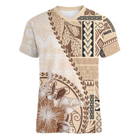Samoa Siapo Elegant Women V-Neck T-Shirt Hibiscus Beige Motifs - Polynesian Pride