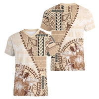 Samoa Siapo Elegant Women V-Neck T-Shirt Hibiscus Beige Motifs - Polynesian Pride