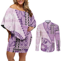 Samoa Siapo Elegant Couples Matching Off Shoulder Short Dress and Long Sleeve Button Shirt Hibiscus Violet Motifs - Polynesian Pride