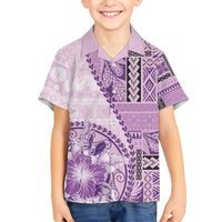 Samoa Siapo Elegant Family Matching Off Shoulder Short Dress and Hawaiian Shirt Hibiscus Violet Motifs - Polynesian Pride