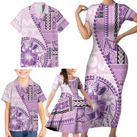 Samoa Siapo Elegant Family Matching Short Sleeve Bodycon Dress and Hawaiian Shirt Hibiscus Violet Motifs - Polynesian Pride