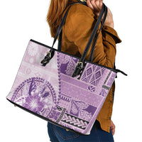 Samoa Siapo Elegant Leather Tote Bag Hibiscus Violet Motifs - Polynesian Pride