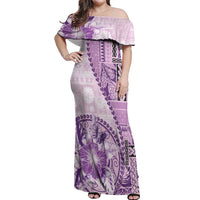 Samoa Siapo Elegant Off Shoulder Maxi Dress Hibiscus Violet Motifs - Polynesian Pride