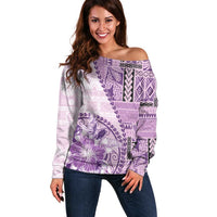 Samoa Siapo Elegant Off Shoulder Sweater Hibiscus Violet Motifs - Polynesian Pride