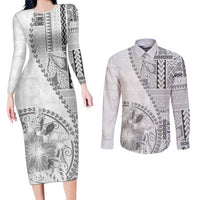 Samoa Siapo Elegant Couples Matching Long Sleeve Bodycon Dress and Long Sleeve Button Shirt Hibiscus White Motifs - Polynesian Pride