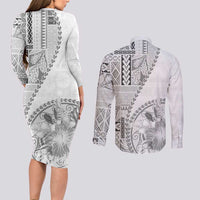 Samoa Siapo Elegant Couples Matching Long Sleeve Bodycon Dress and Long Sleeve Button Shirt Hibiscus White Motifs - Polynesian Pride