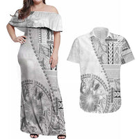Samoa Siapo Elegant Couples Matching Off Shoulder Maxi Dress and Hawaiian Shirt Hibiscus White Motifs - Polynesian Pride
