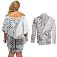 Samoa Siapo Elegant Couples Matching Off Shoulder Short Dress and Long Sleeve Button Shirt Hibiscus White Motifs - Polynesian Pride