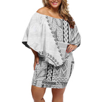 Samoa Siapo Elegant Family Matching Off Shoulder Short Dress and Hawaiian Shirt Hibiscus White Motifs - Polynesian Pride
