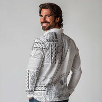 Samoa Siapo Elegant Long Sleeve Polo Shirt Hibiscus White Motifs - Polynesian Pride