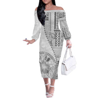 Samoa Siapo Elegant Off The Shoulder Long Sleeve Dress Hibiscus White Motifs - Polynesian Pride