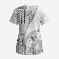 Samoa Siapo Elegant Scrub Top Hibiscus White Motifs LT05 - Polynesian Pride