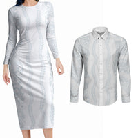 Samoa Lotu Tamaiti Couples Matching Long Sleeve Bodycon Dress and Long Sleeve Button Shirt Teuila With Tribal Motifs LT05 White - Polynesian Pride