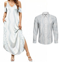 Samoa Lotu Tamaiti Couples Matching Summer Maxi Dress and Long Sleeve Button Shirt Teuila With Tribal Motifs LT05 White - Polynesian Pride