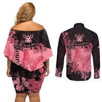 Personalized Breast Cancer Couples Matching Off Shoulder Short Dress and Long Sleeve Button Shirts Survivor Polynesian Ribbon Butterfly LT05 - Polynesian Pride