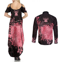 Personalized Breast Cancer Couples Matching Summer Maxi Dress and Long Sleeve Button Shirts Survivor Polynesian Ribbon Butterfly LT05 - Polynesian Pride