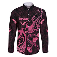 Breast Cancer Awareness Family Matching Off Shoulder Short Dress and Hawaiian Shirt Ribbon Polynesian Pattern Black Version LT05 Dad's Shirt - Long Sleeve Black - Polynesian Pride