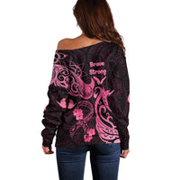 Breast Cancer Awareness Off Shoulder Sweater Ribbon Polynesian Pattern Black Version LT05 - Polynesian Pride