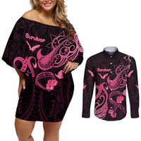 Personalized Breast Cancer Awareness Couples Matching Off Shoulder Short Dress and Long Sleeve Button Shirts Ribbon Polynesian Pattern Black Version LT05 Black - Polynesian Pride