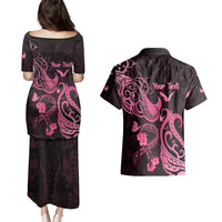 Personalized Breast Cancer Awareness Couples Matching Puletasi Dress and Hawaiian Shirt Ribbon Polynesian Pattern Black Version LT05 - Polynesian Pride