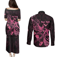 Personalized Breast Cancer Awareness Couples Matching Puletasi Dress and Long Sleeve Button Shirts Ribbon Polynesian Pattern Black Version LT05 - Polynesian Pride