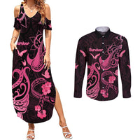 Personalized Breast Cancer Awareness Couples Matching Summer Maxi Dress and Long Sleeve Button Shirts Ribbon Polynesian Pattern Black Version LT05 Black - Polynesian Pride