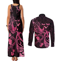 Personalized Breast Cancer Awareness Couples Matching Tank Maxi Dress and Long Sleeve Button Shirts Ribbon Polynesian Pattern Black Version LT05 - Polynesian Pride