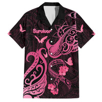 Personalized Breast Cancer Awareness Family Matching Tank Maxi Dress and Hawaiian Shirt Ribbon Polynesian Pattern Black Version LT05 Dad's Shirt - Short Sleeve Black - Polynesian Pride