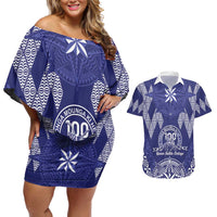 Personalised Queen Salote College Centenary Couples Matching Off Shoulder Short Dress and Hawaiian Shirt Tongan Kupesi Pattern - Polynesian Pride
