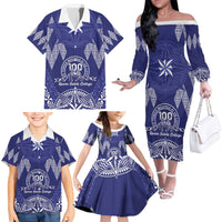 Personalised Queen Salote College Centenary Family Matching Off The Shoulder Long Sleeve Dress and Hawaiian Shirt Tongan Kupesi Pattern - Polynesian Pride