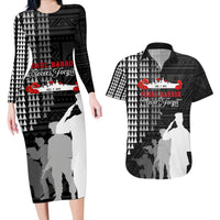 Pearl Harbor Remembrance Day Couples Matching Long Sleeve Bodycon Dress and Hawaiian Shirt USS Arizona In Memory With Polynesian Pattern LT05 Black - Polynesian Pride